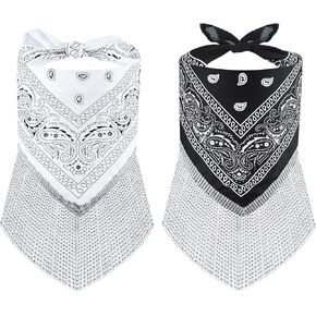 Mabor Rhinestone Bandana, 2Pcs Disco Cowgirl Bandana, Black and White Western Bachelorette Bandanas with Rhinestone Fringe Sparkly Fringed Rhinestone Bandana for Women