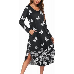 Ekouaer Womens Nightgown V Neck Nightshirts Long Sleeve Sleepwear with Pockets S-XXL