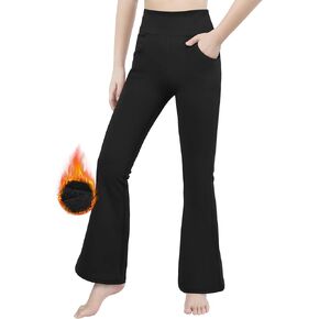 Resinta Girl Fleece Lined Flare Leggings with Pockets High Waist Athletic Yoga Pants Winter Warm Water Resistant Bell Bottoms