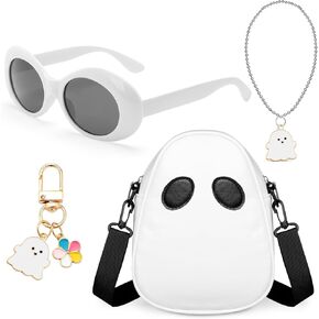 Halloween Ghost Crossbody Bag Ghost Purse PU Leather Ghost Shoulder Bag with Sunglasses Cute Ghost Keychain Ghost Pendant Necklace Cute Messenger Bag Halloween Accessories for Party Gift