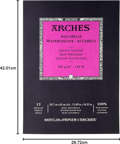 Arches Watercolor Pad 11.69x16.53-inch Natural White 100% Cotton Paper - 12 Sheet Arches Hot Press Watercolor Paper 140 lb Pad - Arches Art Paper for Watercolor Gouache Ink Acrylic and More in Kuwait