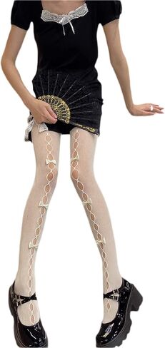 Women Lolita Tights with Bows Cute Mesh Hallow Harajuku Stockings 80S 90S Female Girls Gothic Lace Stockings Leggings in Kuwait