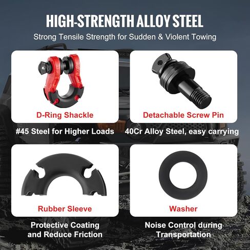 VEVOR 3/4" D-Ring Shackle, 2 PCS Heavy Duty Alloy Steel Shackles 66139 lbs/30 Ton Breaking Strength with 7/8" Screw Pin, Isolators & Washers, Recovery Shackle for Truck Jeep Off-Road Vehicle, Red in Saudi Arabia