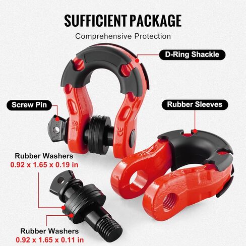 VEVOR 3/4" D-Ring Shackle, 2 PCS Heavy Duty Alloy Steel Shackles 66139 lbs/30 Ton Breaking Strength with 7/8" Screw Pin, Isolators & Washers, Recovery Shackle for Truck Jeep Off-Road Vehicle, Red in Saudi Arabia