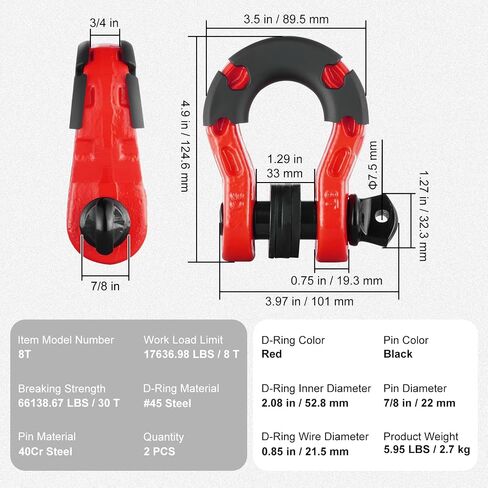 VEVOR 3/4" D-Ring Shackle, 2 PCS Heavy Duty Alloy Steel Shackles 66139 lbs/30 Ton Breaking Strength with 7/8" Screw Pin, Isolators & Washers, Recovery Shackle for Truck Jeep Off-Road Vehicle, Red in Saudi Arabia