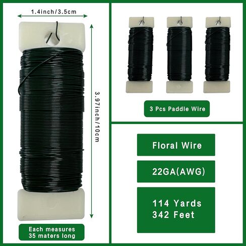 Green Floral Wire 22 Gauge,Christmas Wreaths Tree,Flexible Craft Paddle Wire Florist Green Wire for Crafts，Wreaths Making and Floral Flower Arrangements (Green, 3 Pcs(114 Yards)) in Saudi Arabia
