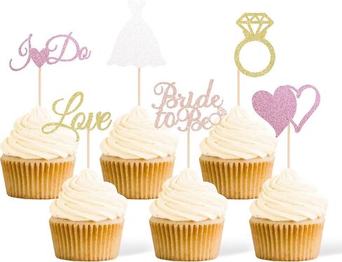 Gexolenu 24 Pcs Bride To Be Cupcake Toppers Gold Glitter Double-Sided I Do Love Heart Diamond Ring Cupcake Picks Decorations For Bridal Shower Wedding Engagement Party Supplies in Kuwait