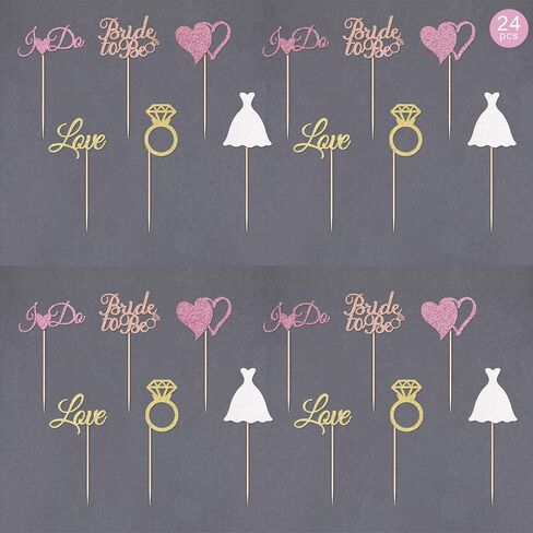 Gexolenu 24 Pcs Bride To Be Cupcake Toppers Gold Glitter Double-Sided I Do Love Heart Diamond Ring Cupcake Picks Decorations For Bridal Shower Wedding Engagement Party Supplies in Kuwait