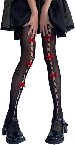 Women Lolita Tights with Bows Cute Mesh Hallow Harajuku Stockings 80S 90S Female Girls Gothic Lace Stockings Leggings in Kuwait