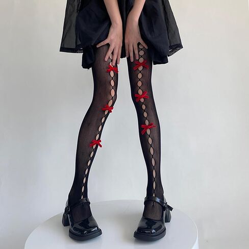 Women Lolita Tights with Bows Cute Mesh Hallow Harajuku Stockings 80S 90S Female Girls Gothic Lace Stockings Leggings in Kuwait
