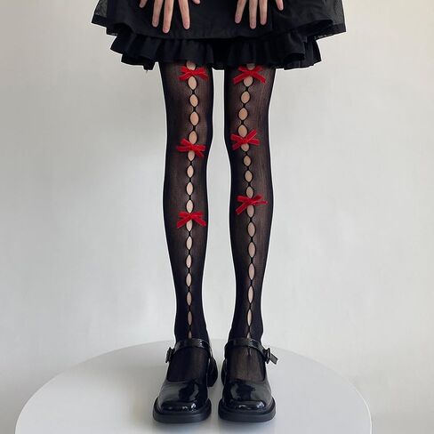 Women Lolita Tights with Bows Cute Mesh Hallow Harajuku Stockings 80S 90S Female Girls Gothic Lace Stockings Leggings in Kuwait