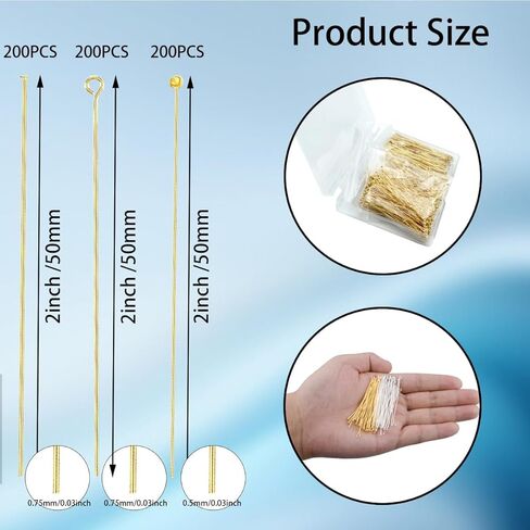 600 Pieces 2 Inch Ball Head Pins Flat Head Pins Eye Pins for Jewelry Making DIY, Bendable Head Eye Pins with Plastic Box Metal End Headpins for Craft Earring Bracelet Necklace Pendant Supplies (Gold) in Kuwait
