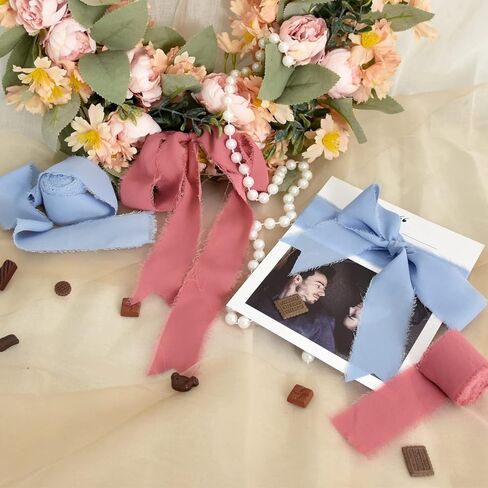 TONIFUL 4 Rolls 1-1/2 Inch Dusty Baby Blue Light Blue Chiffon Silk Ribbon 22yds Handmade Fringe Chiffon Ribbons Set for Wedding Invitations, Bridal Bouquets, Gifts Wrapping (Baby Blue, 22yds, 1.5") in Kuwait