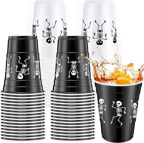 Skeleton Halloween Plastic Cups 16 oz Skeleton Printed Disposable Party Plastic Cups Funny Plastic Cups for Soda Juice Drinking Punch Halloween Party Favors Black and White(30 Pcs) in Saudi Arabia