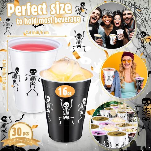 Skeleton Halloween Plastic Cups 16 oz Skeleton Printed Disposable Party Plastic Cups Funny Plastic Cups for Soda Juice Drinking Punch Halloween Party Favors Black and White(30 Pcs) in Saudi Arabia