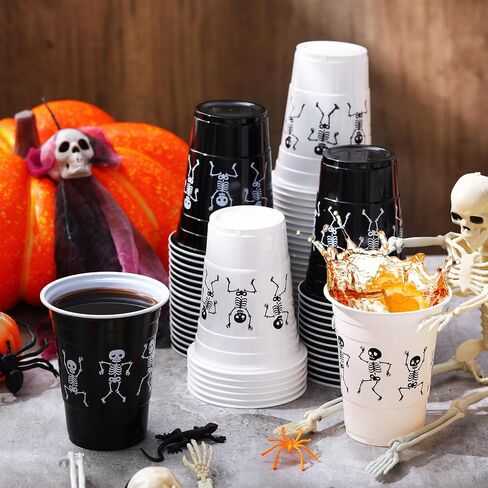 Skeleton Halloween Plastic Cups 16 oz Skeleton Printed Disposable Party Plastic Cups Funny Plastic Cups for Soda Juice Drinking Punch Halloween Party Favors Black and White(30 Pcs) in Saudi Arabia