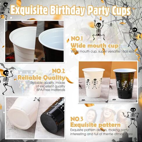 Skeleton Halloween Plastic Cups 16 oz Skeleton Printed Disposable Party Plastic Cups Funny Plastic Cups for Soda Juice Drinking Punch Halloween Party Favors Black and White(30 Pcs) in Saudi Arabia