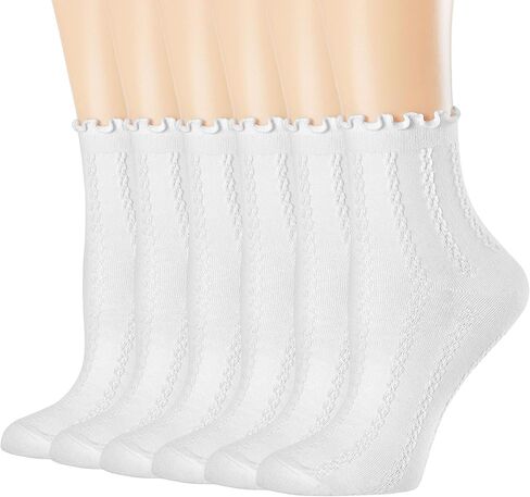 جوارب نسائية مكشكشة من Mcool Mary، جوارب كاجوال لطيفة للكاحل، جوارب بيضاء مريحة من القطن المحبوك للنساء، عبوة من 6 قطع in Kuwait