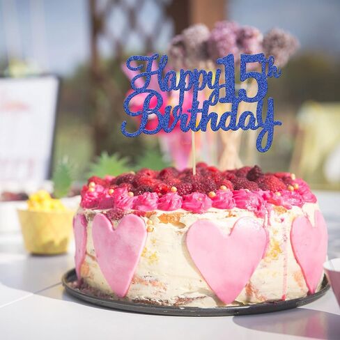 Gyufise 1Pc Happy 15th Birthday Cake Topper Blue Glitter 15th Birthday Cake Pick Cheers to 15 Years Old Fifteen Fabulous Cake Decorations for 15th Birthday Theme Party Supplies in Saudi Arabia