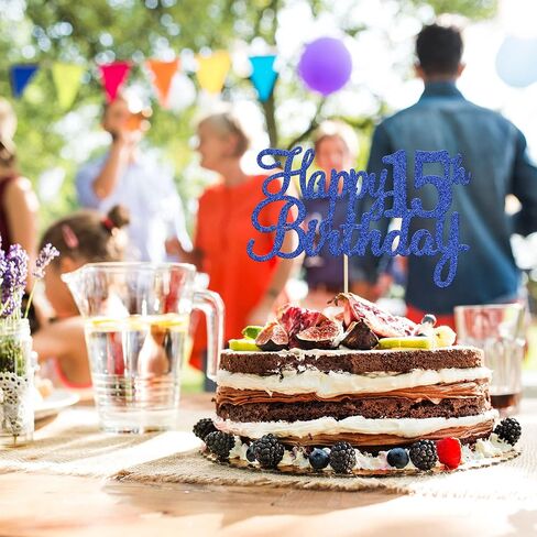 Gyufise 1Pc Happy 15th Birthday Cake Topper Blue Glitter 15th Birthday Cake Pick Cheers to 15 Years Old Fifteen Fabulous Cake Decorations for 15th Birthday Theme Party Supplies in Saudi Arabia