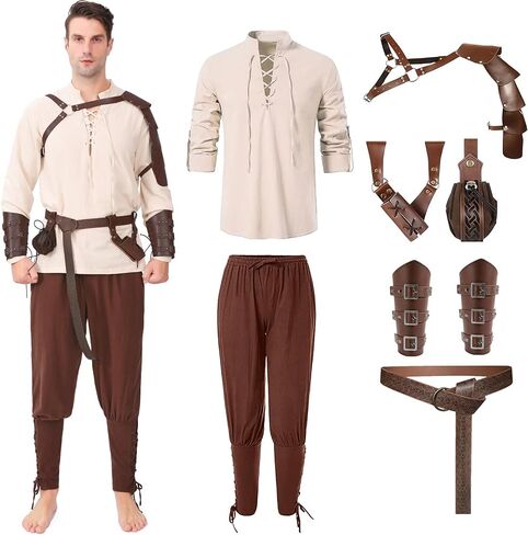 8 Pcs Men's Renaissance Pirate Costumes Halloween Medieval Shirt Pants Viking Costume Accessories Set Cosplay in Saudi Arabia