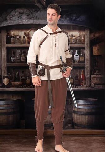 8 Pcs Men's Renaissance Pirate Costumes Halloween Medieval Shirt Pants Viking Costume Accessories Set Cosplay in Saudi Arabia