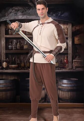 8 Pcs Men's Renaissance Pirate Costumes Halloween Medieval Shirt Pants Viking Costume Accessories Set Cosplay in Saudi Arabia