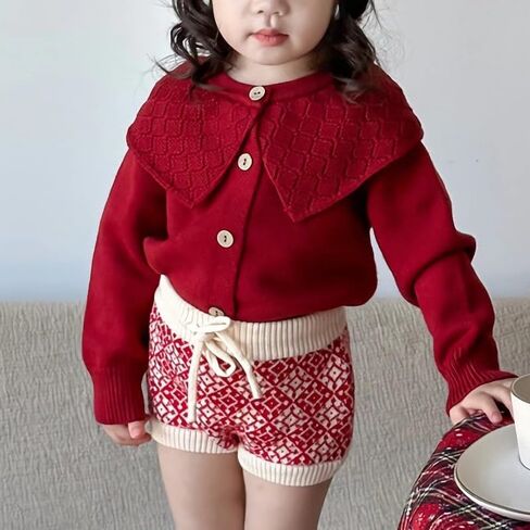 Riclena Girls Cardigan Sailor Neck Ruffled Solid Cute Front Button Down Knit Christmas Sweaters in Saudi Arabia