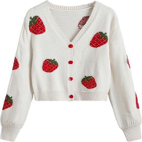 WDIRARA Girl's Strawberry Printed Button Front Long Sleeve Casual Cardigan Sweaters in Saudi Arabia