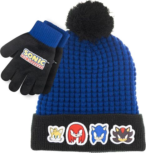 مجموعة قبعة وقفازات الشتاء القنفذ سونيك - قبعة سونيك زرقاء للأولاد من عمر 5 إلى 13 عامًا - مجموعة قبعة الشتاء مع وشاح وقفازات in Kuwait
