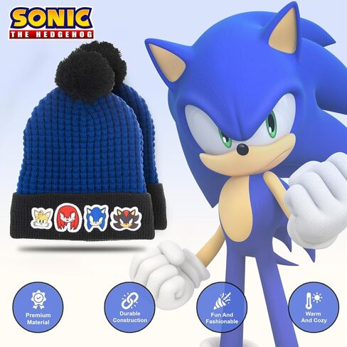مجموعة قبعة وقفازات الشتاء القنفذ سونيك - قبعة سونيك زرقاء للأولاد من عمر 5 إلى 13 عامًا - مجموعة قبعة الشتاء مع وشاح وقفازات in Kuwait