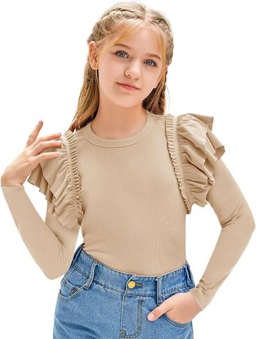 rrhss Girls Ruffle Long Sleeve Shirts Kids Cute Fitted Crew Neck Ribbed Knit Tops Clothes in Kuwait