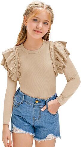 rrhss Girls Ruffle Long Sleeve Shirts Kids Cute Fitted Crew Neck Ribbed Knit Tops Clothes in Kuwait