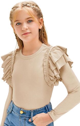 rrhss Girls Ruffle Long Sleeve Shirts Kids Cute Fitted Crew Neck Ribbed Knit Tops Clothes in Kuwait