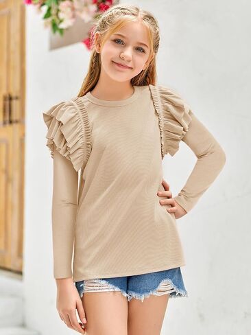 rrhss Girls Ruffle Long Sleeve Shirts Kids Cute Fitted Crew Neck Ribbed Knit Tops Clothes in Kuwait