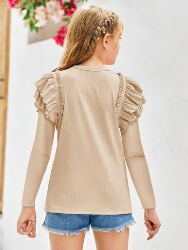 rrhss Girls Ruffle Long Sleeve Shirts Kids Cute Fitted Crew Neck Ribbed Knit Tops Clothes in Kuwait