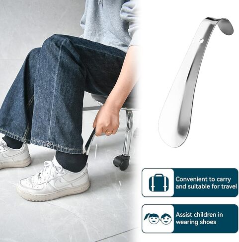 قطعتان من لبيسة الأحذية المصنوعة من الفولاذ المقاوم للصدأ، رافعة أحذية بمقبض طويل، لبيسة حذاء طويلة 16.5 بوصة وبوق حذاء محمول بمقبض 6 بوصة للحمل والرجال والنساء وكبار السن والأطفال in Kuwait