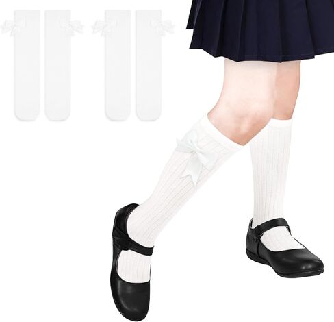 Girls Socks, Knee High Socks for Girls Long Socks with Bows Cotton School Uniform Socks for 4-12 Years, 2 Pairs in Kuwait