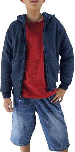 Boys' Fashion Zip Up Hoodie Plain Comfort Fleece Jacket Youth Heavyweight Sherpa Lined Sweatshirts in Saudi Arabia