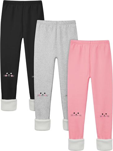Cooraby 3 Pack Girls Fleece Lined Leggings Cotton Kitty Printed Winter Warm Tights Thick Elastic Thermal Pants for Kids in Kuwait