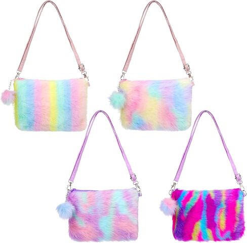 Abbylike 4 Pcs Kids Girls Fluffy Crossbody Purse Rainbow Fuzzy Plush Hairy Shoulder Handbag Faux Fur Soft Wallet Bags for Toddlers Baby Birthday Christmas Gift in Saudi Arabia