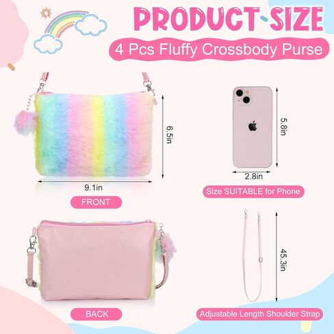 Abbylike 4 Pcs Kids Girls Fluffy Crossbody Purse Rainbow Fuzzy Plush Hairy Shoulder Handbag Faux Fur Soft Wallet Bags for Toddlers Baby Birthday Christmas Gift in Saudi Arabia