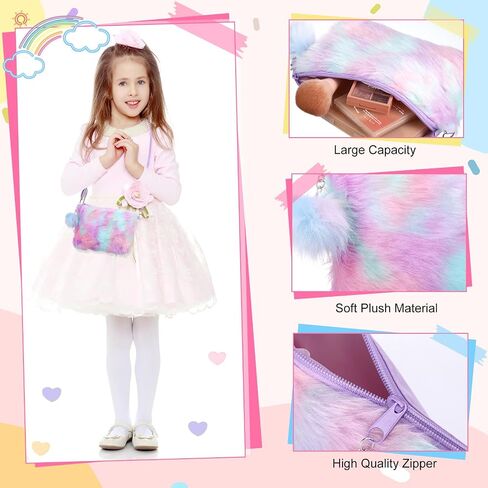 Abbylike 4 Pcs Kids Girls Fluffy Crossbody Purse Rainbow Fuzzy Plush Hairy Shoulder Handbag Faux Fur Soft Wallet Bags for Toddlers Baby Birthday Christmas Gift in Saudi Arabia