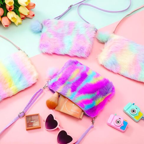 Abbylike 4 Pcs Kids Girls Fluffy Crossbody Purse Rainbow Fuzzy Plush Hairy Shoulder Handbag Faux Fur Soft Wallet Bags for Toddlers Baby Birthday Christmas Gift in Saudi Arabia