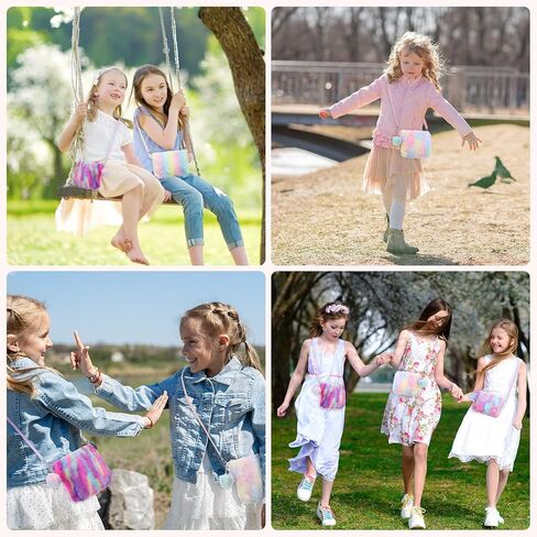 Abbylike 4 Pcs Kids Girls Fluffy Crossbody Purse Rainbow Fuzzy Plush Hairy Shoulder Handbag Faux Fur Soft Wallet Bags for Toddlers Baby Birthday Christmas Gift in Saudi Arabia