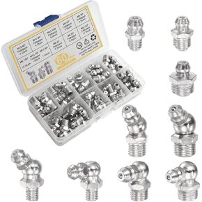 60PCS Metric Grease Fittings Kit, M6 M8 M10 1/4" 1/8" 45 90 Degree Grease Zerk Assortment, Straight & Angled Hydraulic Standard Grease Gun Fitting for Replacing Missing or Broken Zerk Fittings