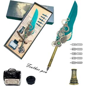 قلم الريشة KYLLOG، قلم الريشة ذو الجناح الميكانيكي، مجموعة أقلام الخط اليدوية المصنوعة يدويًا من الريشة، 5 سناب بديلة، قاعدة حامل القلم، قلم توقيع الريشة العتيق (أخضر) in Kuwait