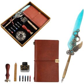 Vintage Mechanical Feather Pen Ink Set with Notebook, Pen Stand, Wax Seal Stamp, and Wax Gift Box - Classic European Style Calligraphy Pen Kit for Art Lovers and Unique Gift Options (Red)