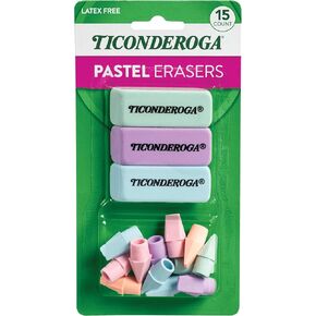 Ticonderoga Assorted Erasers, Pastel Colors, 15 Count