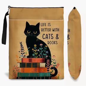 Cat Book Sleeve,Book Covers for Paperbacks,Book Sleeves with Zipper, Book Pouch Cat Lover Gifts,Cat Themed Gifts for Women Teacher Daughter Graduation Birthday Gifts (Black Cat 03, Large)